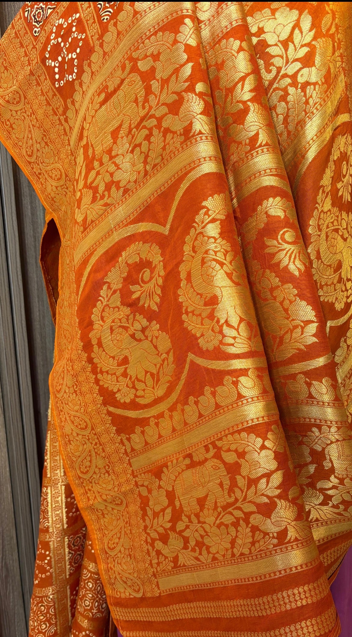 Rust Orange Premium Ajrakh Handblock Gharchola Saree with Golden Banarasi Zari Weaving