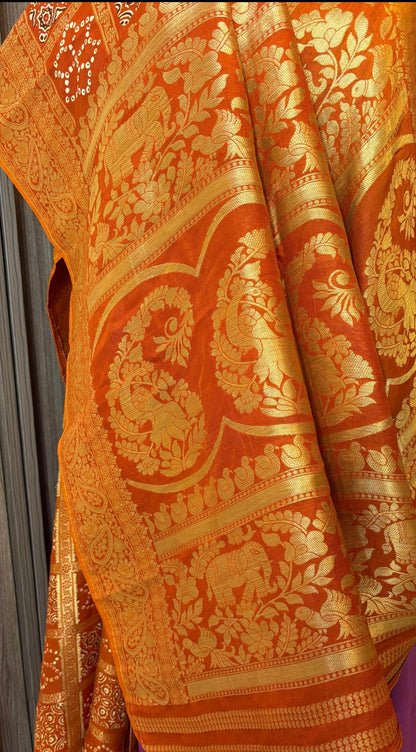 Rust Orange Premium Ajrakh Handblock Gharchola Saree with Golden Banarasi Zari Weaving