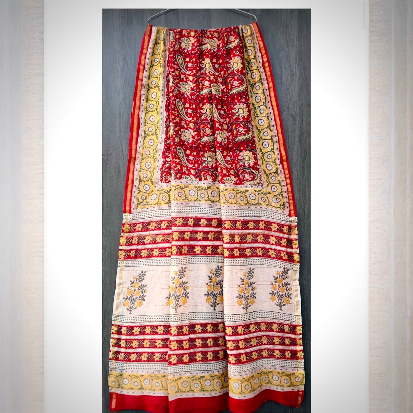 Pure Chanderi Silk Handblock Print Saree- Red