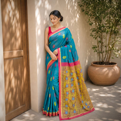 Pure Handloom Kanchi Cotton Saree- Teal