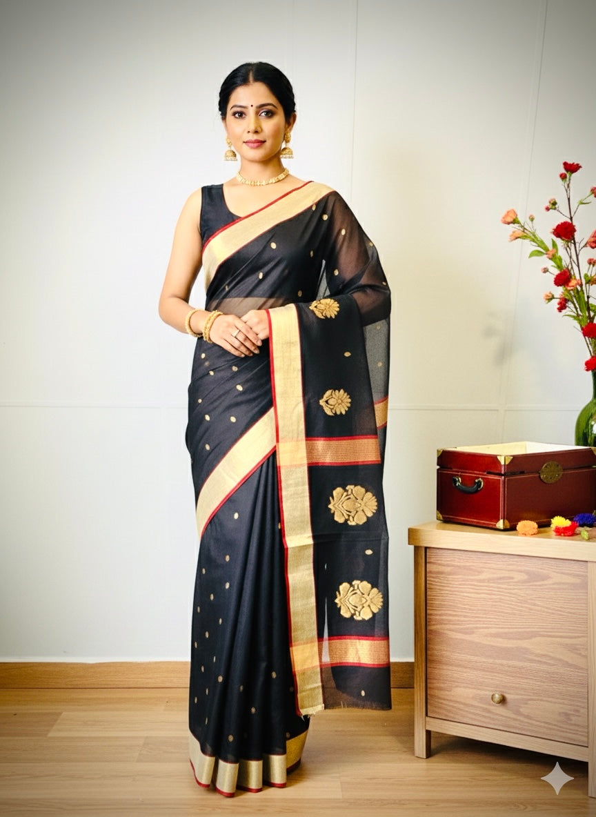 Black Pure Handloom Cotton Silk Chanderi Saree