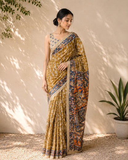 Pure Handloom Kalamkari Cotton Saree- Beige