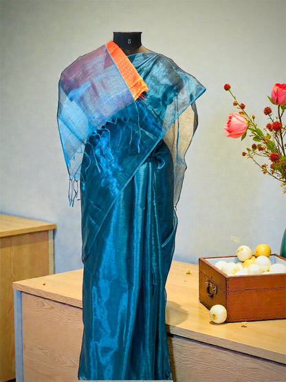 Peacock Blue Handloom Raga Tissue Saree
