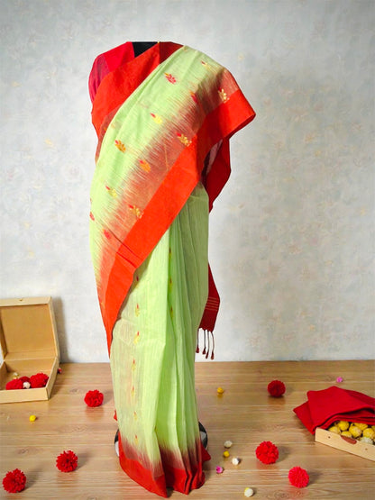 Dhakai Jamdani Pure Handloom Cotton Saree- Pista Green