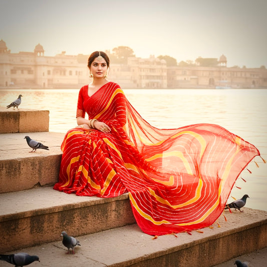 Red Pure Chiffon Hand Bandhej Lehriya Saree