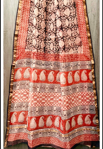 Kota Doria Pure Handloom Hand-block Print Saree- Maroon