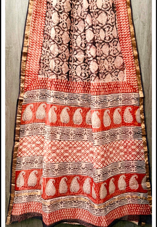 Kota Doria Pure Handloom Hand-block Print Saree- Maroon