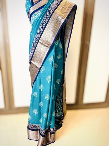 Casual wear Blue chiffon Saree with Banarasi boader