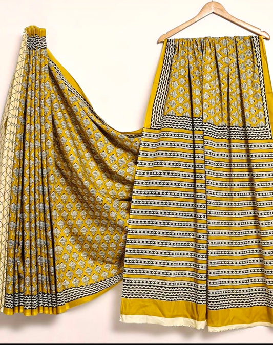Hand Block Print Saree Mul Cotton Pure Handloom Saree- Mustard Yellow