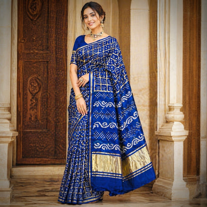 Pure Modal Silk Handloom Gharchola Bandhani Saree- Royal Blue