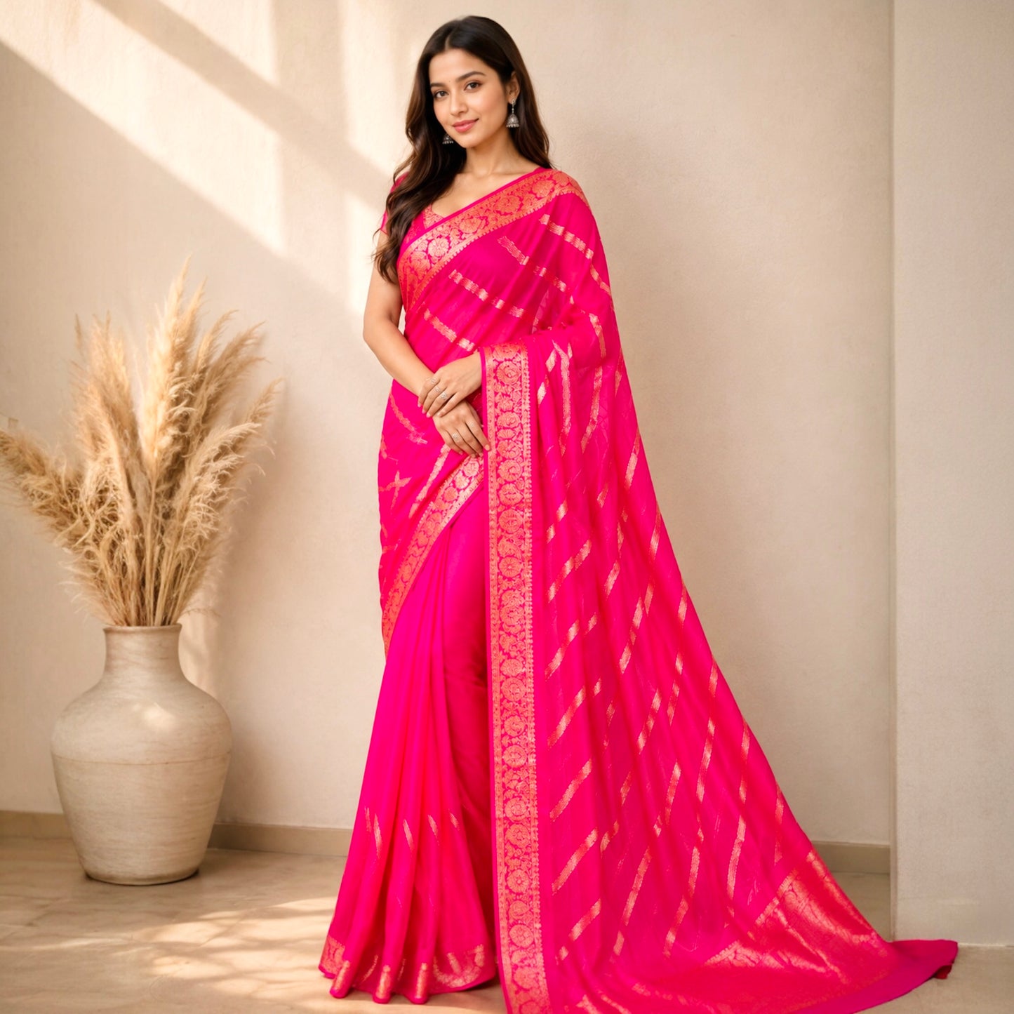Designer Hand- Embroidered Sequins Work Pure Chinon Silk Saree- Rani Pink