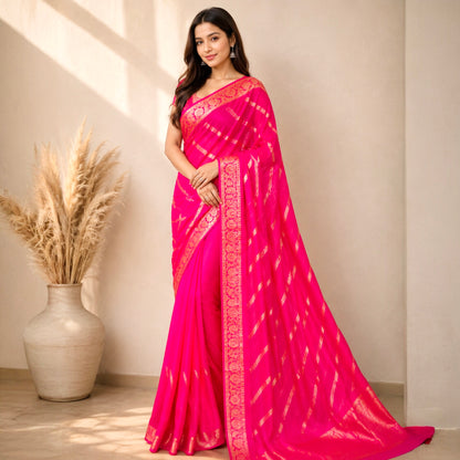 Designer Hand- Embroidered Sequins Work Pure Chinon Silk Saree- Rani Pink