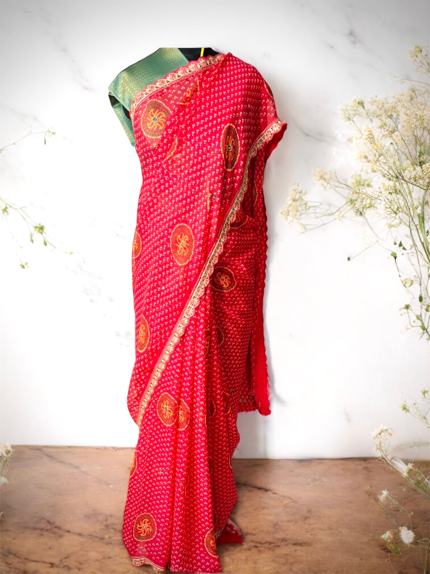 Red Georgette Bandhej Saree