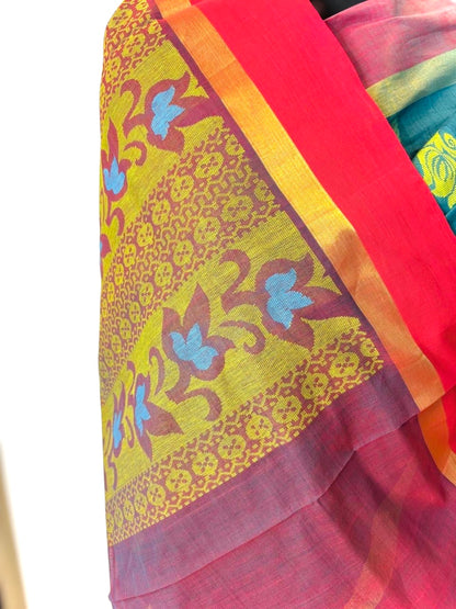 Handwoven Kanchi Cotton Saree- Teal
