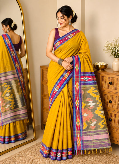Pochampally Ikat Pure Handloom Mercerised Cotton Saree- Olive Green