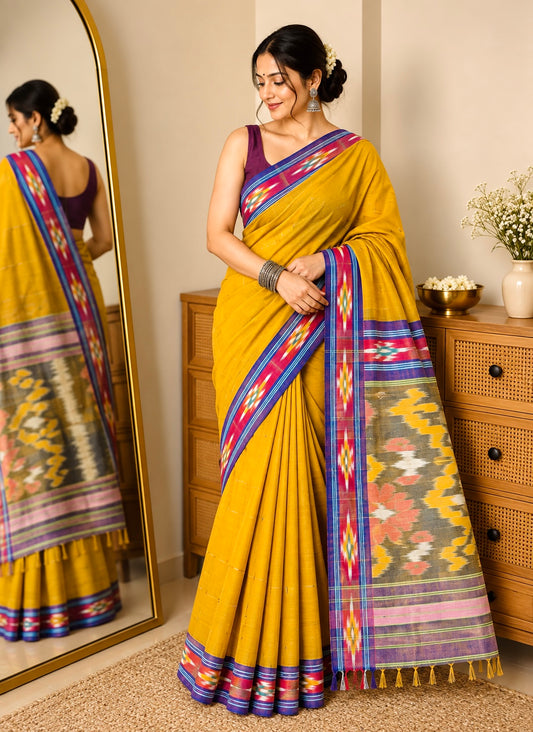 Pochampally Ikat Pure Handloom Mercerised Cotton Saree- Olive Green