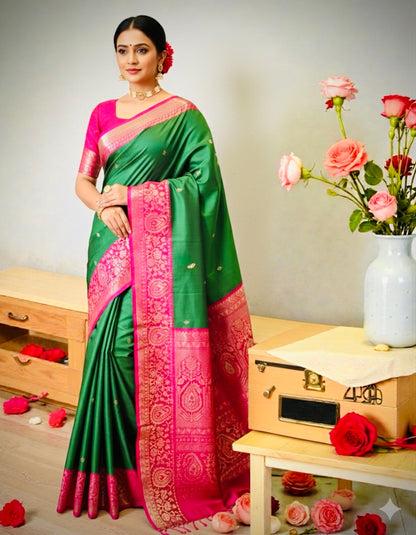 Pure Handloom Banarasi Silk Saree- Silk Mark Certified- Green