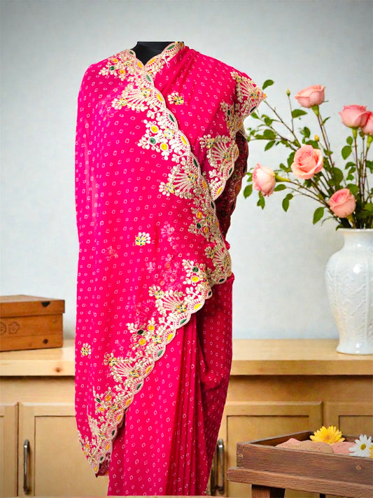 Pink Pure Georgette Bandhani with Pitta Work