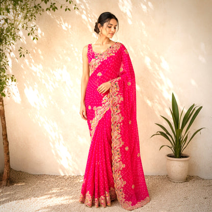 Georgette Bandhani Pittan Work Saree- Pink