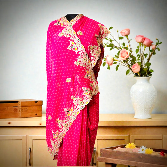 Georgette Bandhani Pittan Work Saree- Pink