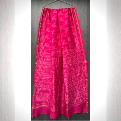 Pure Chanderi Silk Handblock Print Saree- Rani Pink