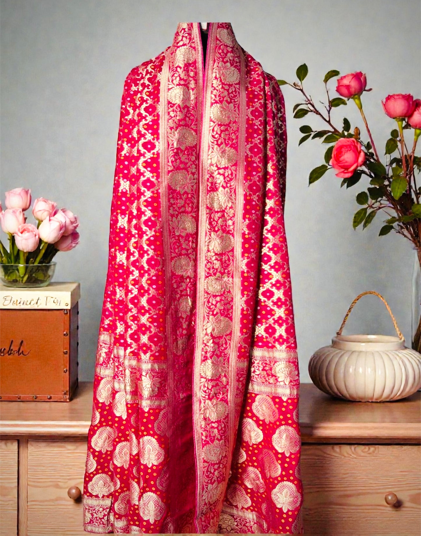 Pink Pure Khaddi Georgette Bandhej Dupatta