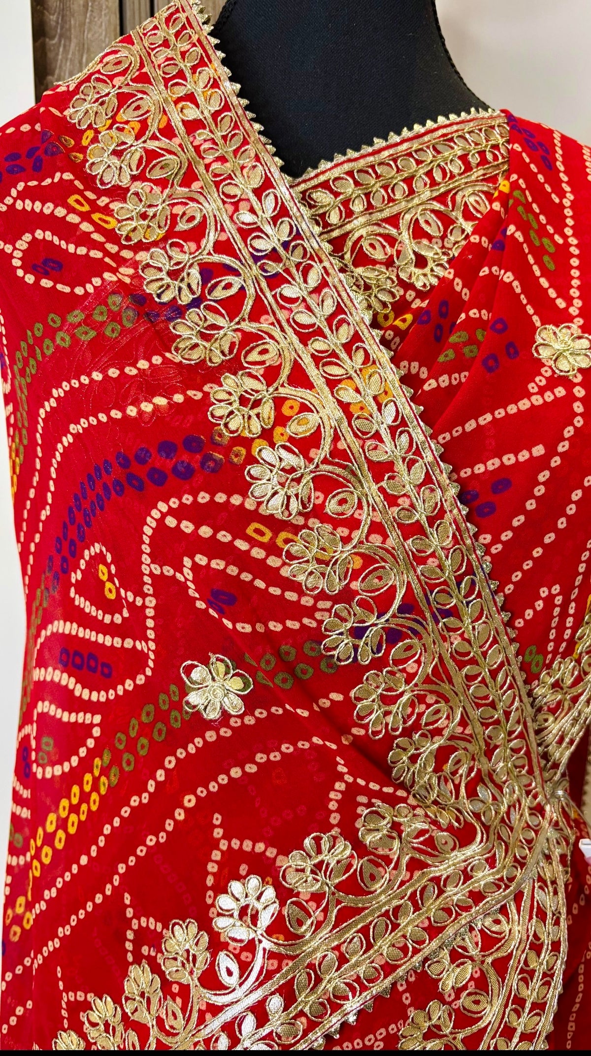 Red Bandhani Heavy Gotta Patti Georgette Handwork Saree
