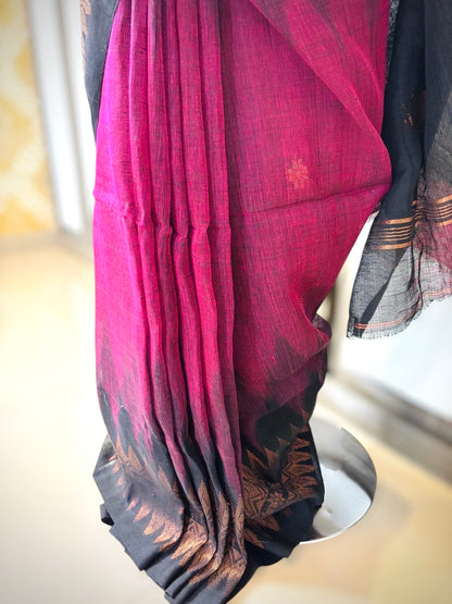 Pink Black Pure Handloom Linen Cotton Saree
