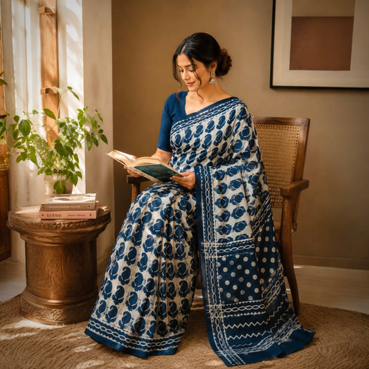 Mul Cotton Bagru Handblock Print Pure Handloom saree- Indigo