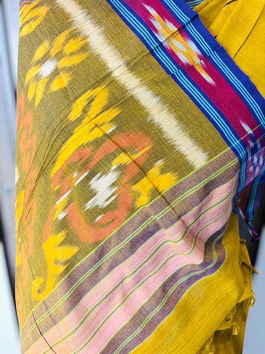 Mercerised Cotton Pochampally Ikat Cotton Saree- Warm Olive Green