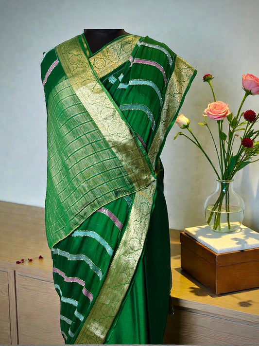 Green Sequins Hand Embroidered Pure Chinnon Saree