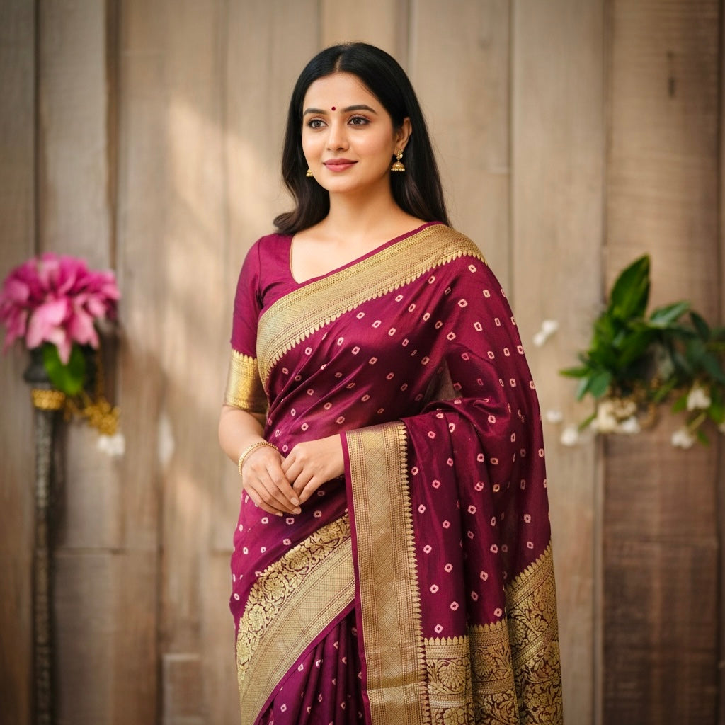 Bandhani Pure Dola Silk Banarasi Saree- Wine