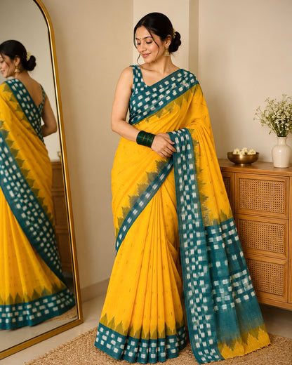 Sunflower Yellow Pure Handwoven Ikkat Cotton Saree