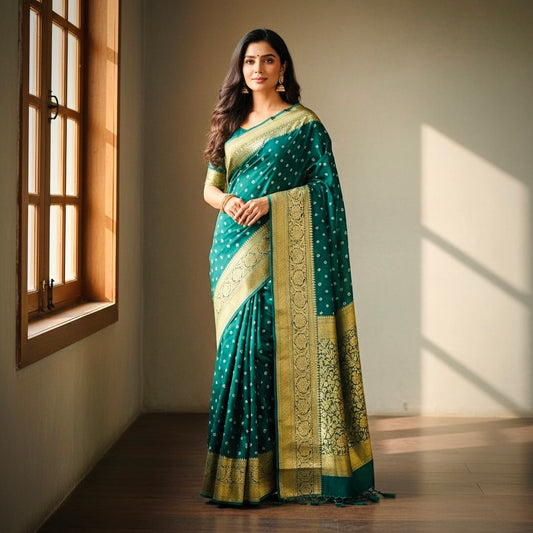 Bandhani Pure Dola Silk Banarasi Saree-Peacock Green