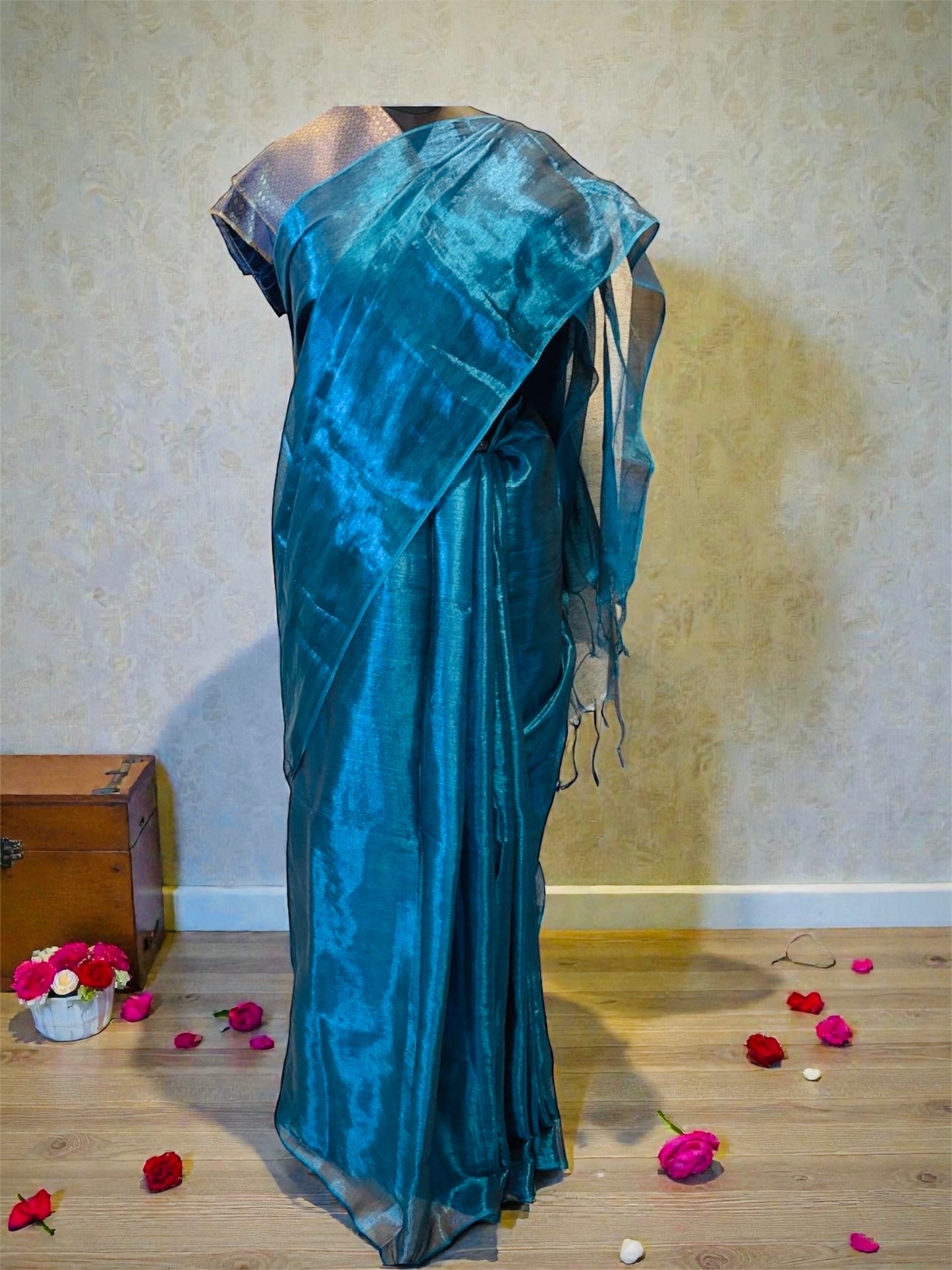 Peacock Blue Handloom Raga Tissue Saree