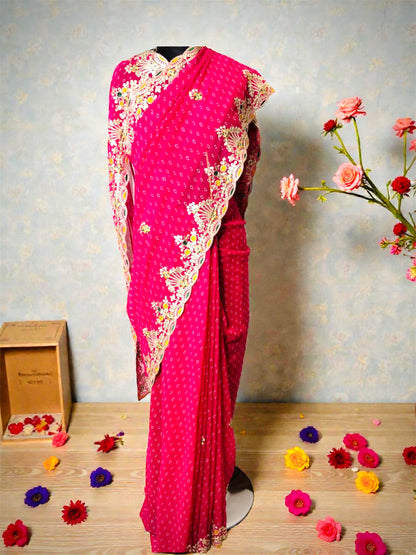 Pink Pure Georgette Bandhani with Pitta Work