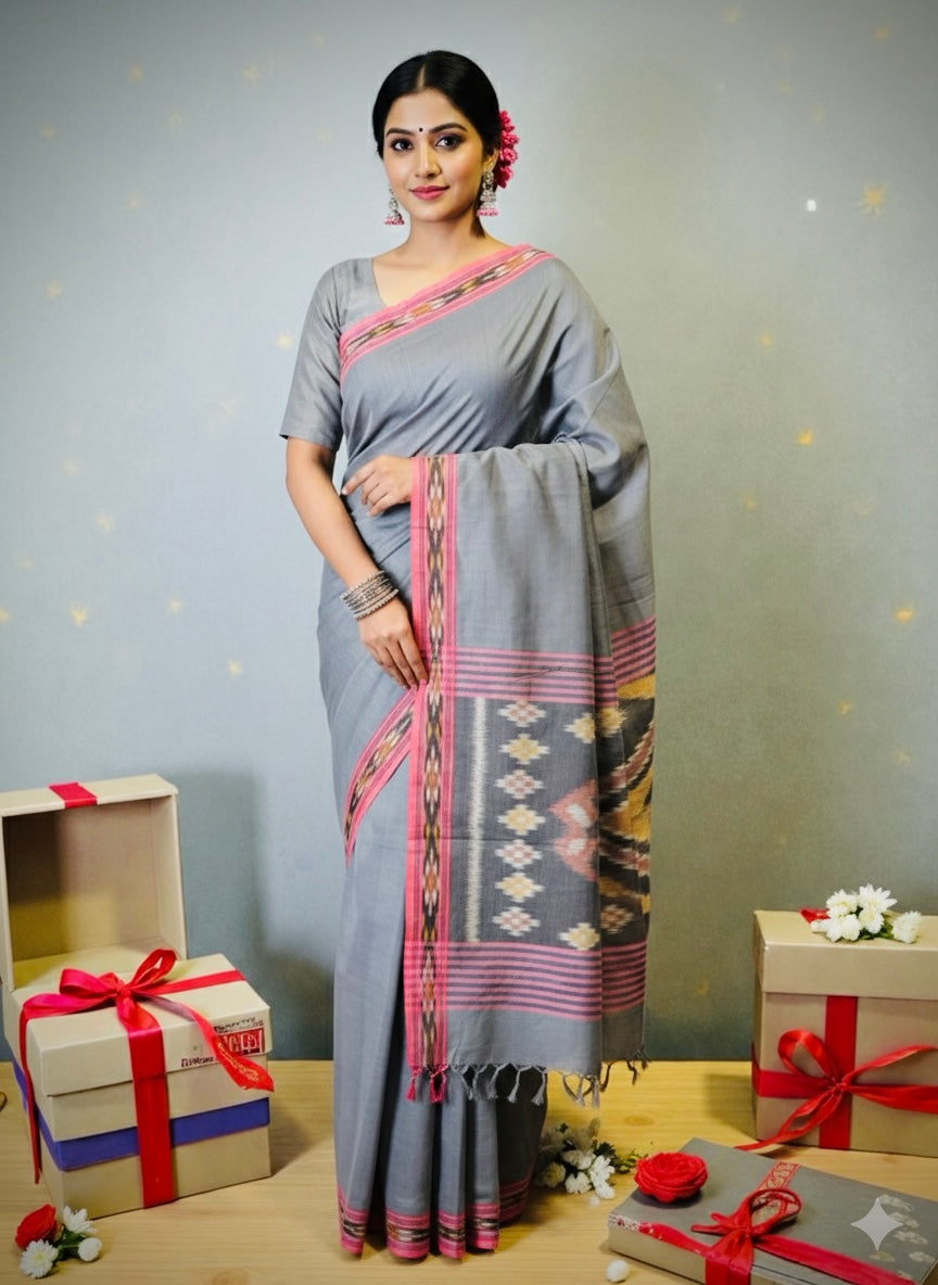 Pochampally Ikat Pure Handloom Mercerised Cotton Saree- Grey