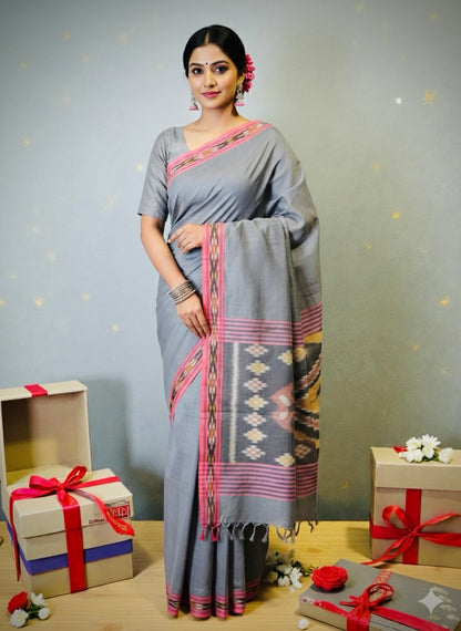 Pochampally Ikat Pure Handloom Mercerised Cotton Saree- Grey