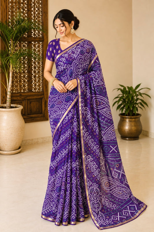 Royal Blue Festive Pure Chiffon Bandhani Saree