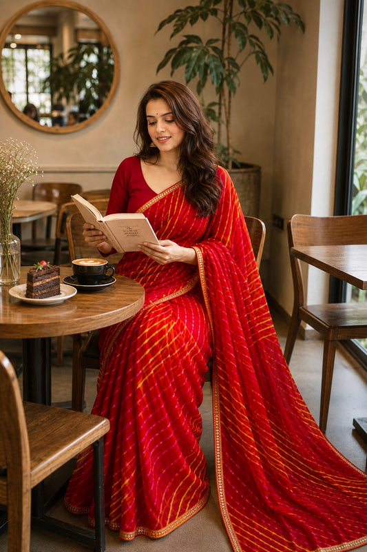 Red Pure Chiffon Leheriya Saree