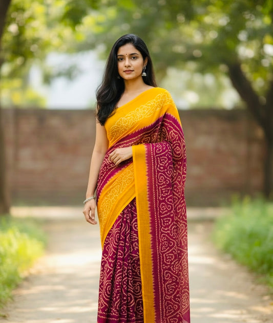 Chiffon Bandhani Saree- Yellow Red