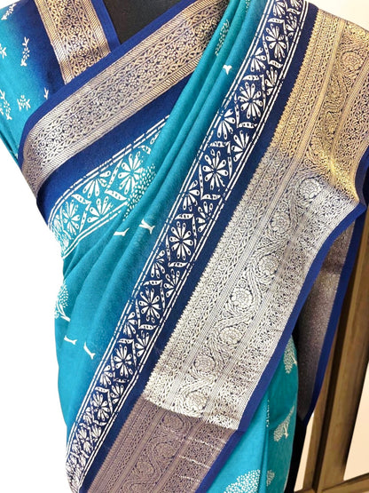 Casual wear Blue chiffon Saree with Banarasi boader