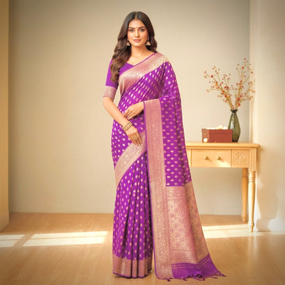Pure Handloom Khaddi Georgette Kadwa weave Banarasi Saree- Purple