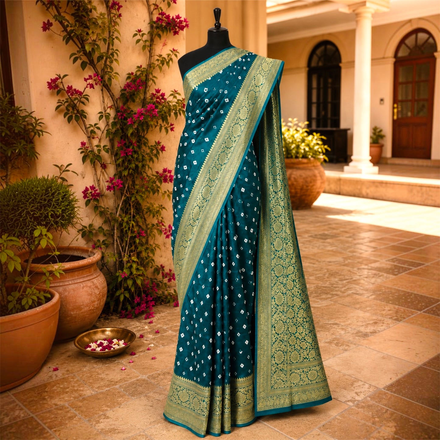 Bandhani Pure Dola Silk Banarasi Saree-Peacock Green
