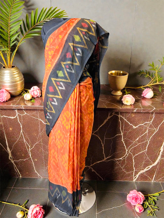Orange- Mercerised Cotton Handloom Pochampally Ikat Saree