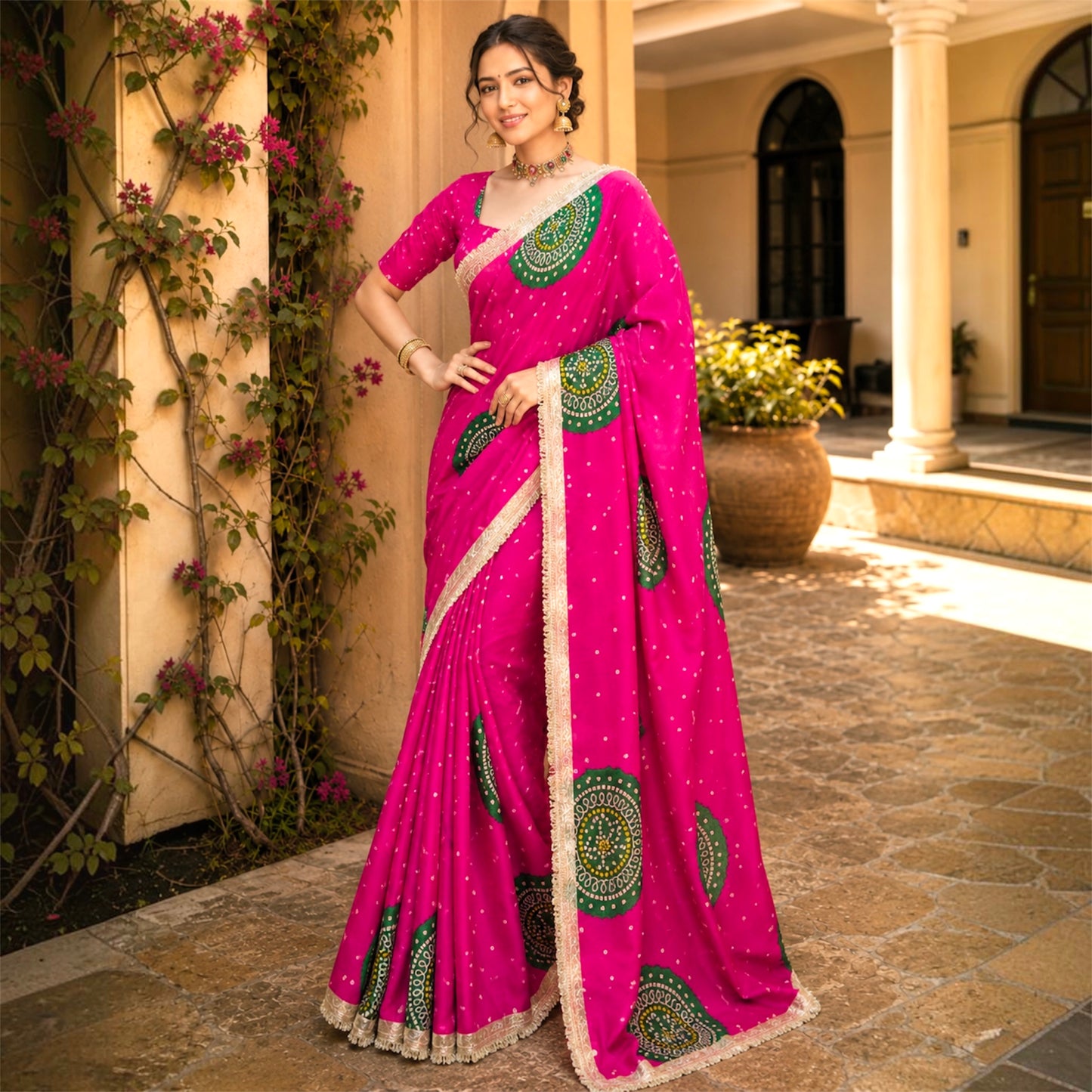 Laddu Bandhej Bandhani Crepe Silk Saree- Pink