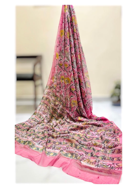 Pure Double Diamond Chiffon Handblock Print Saree- Pink