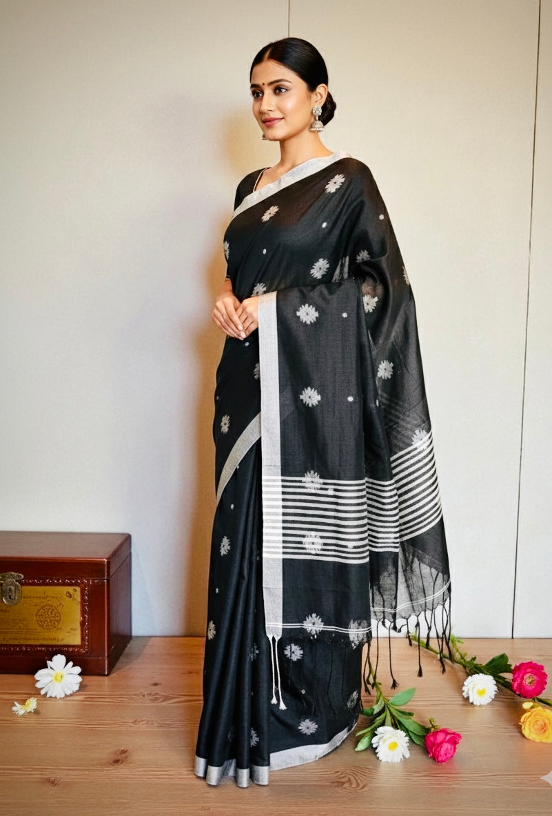 Handloom Khadi Cotton Saree- Black