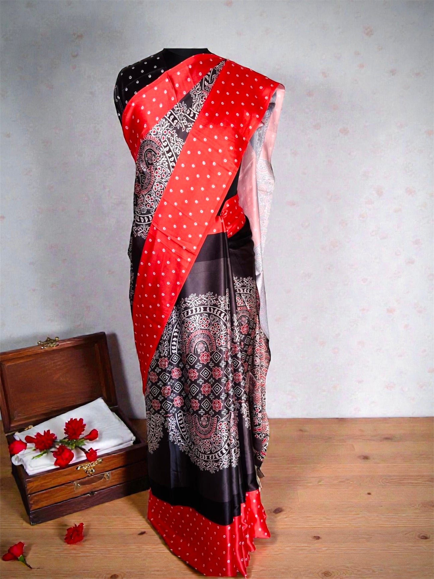 Red Modal Silk Handblock Ajrak Saree