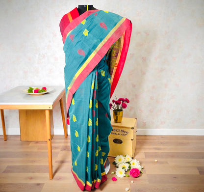 Pure Handloom Kanchi Cotton Saree- Teal
